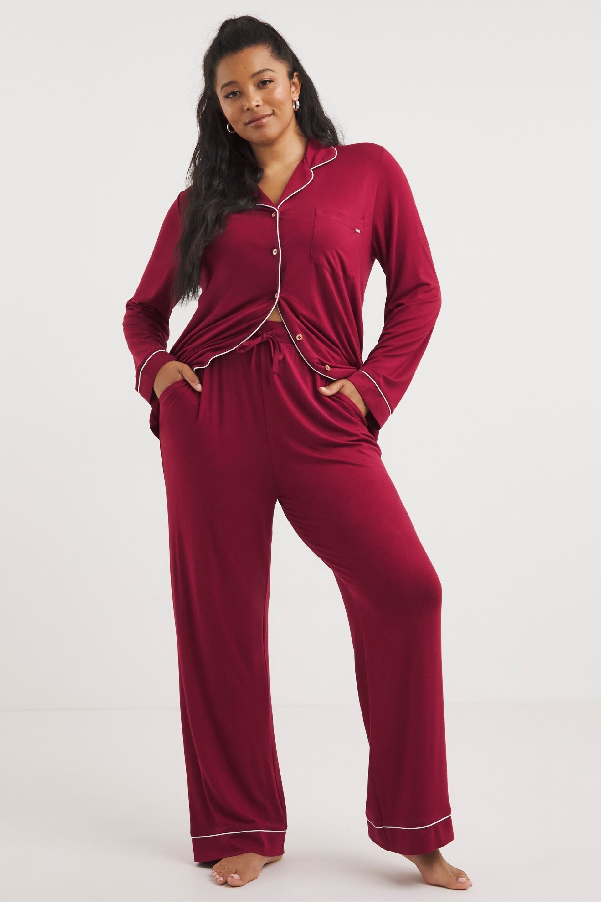 Figleaves Burgundy Red Camelia Modal Button Down Pyjamas Set - Image 1 of 4