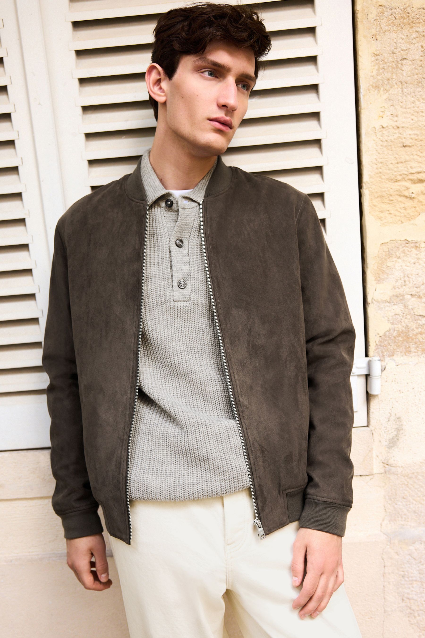 Buy Dark Stone Faux Suede Bomber Jacket from Next USA