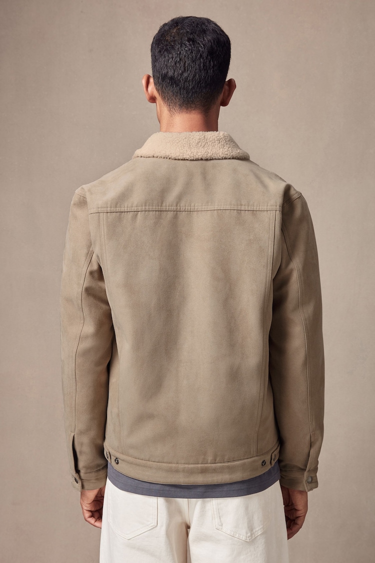 Stone Faux Suede Borg Collared Trucker Jacket - Image 2 of 10