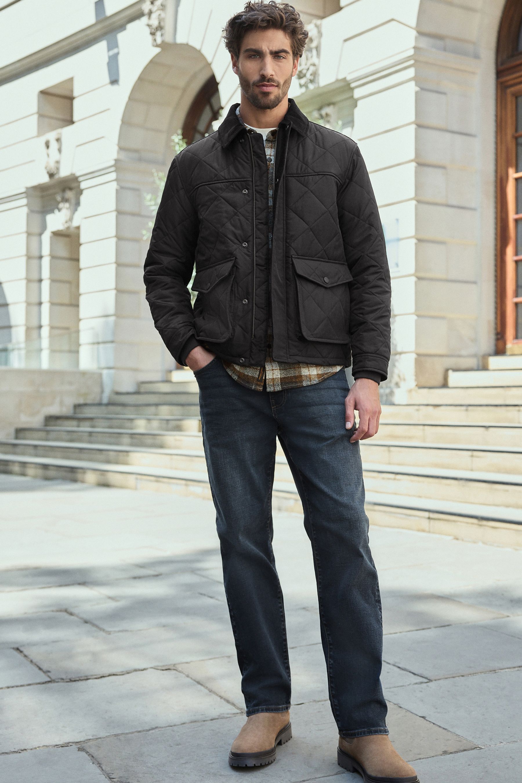 Buy Black Shower Resistant Diamond Quilt Corduroy Collared Jacket from the Next UK online shop