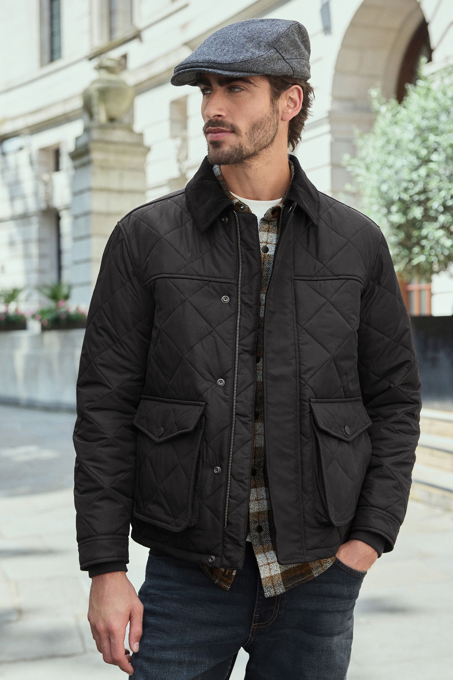 Buy Black Shower Resistant Diamond Quilt Corduroy Collared Jacket from the Next UK online shop