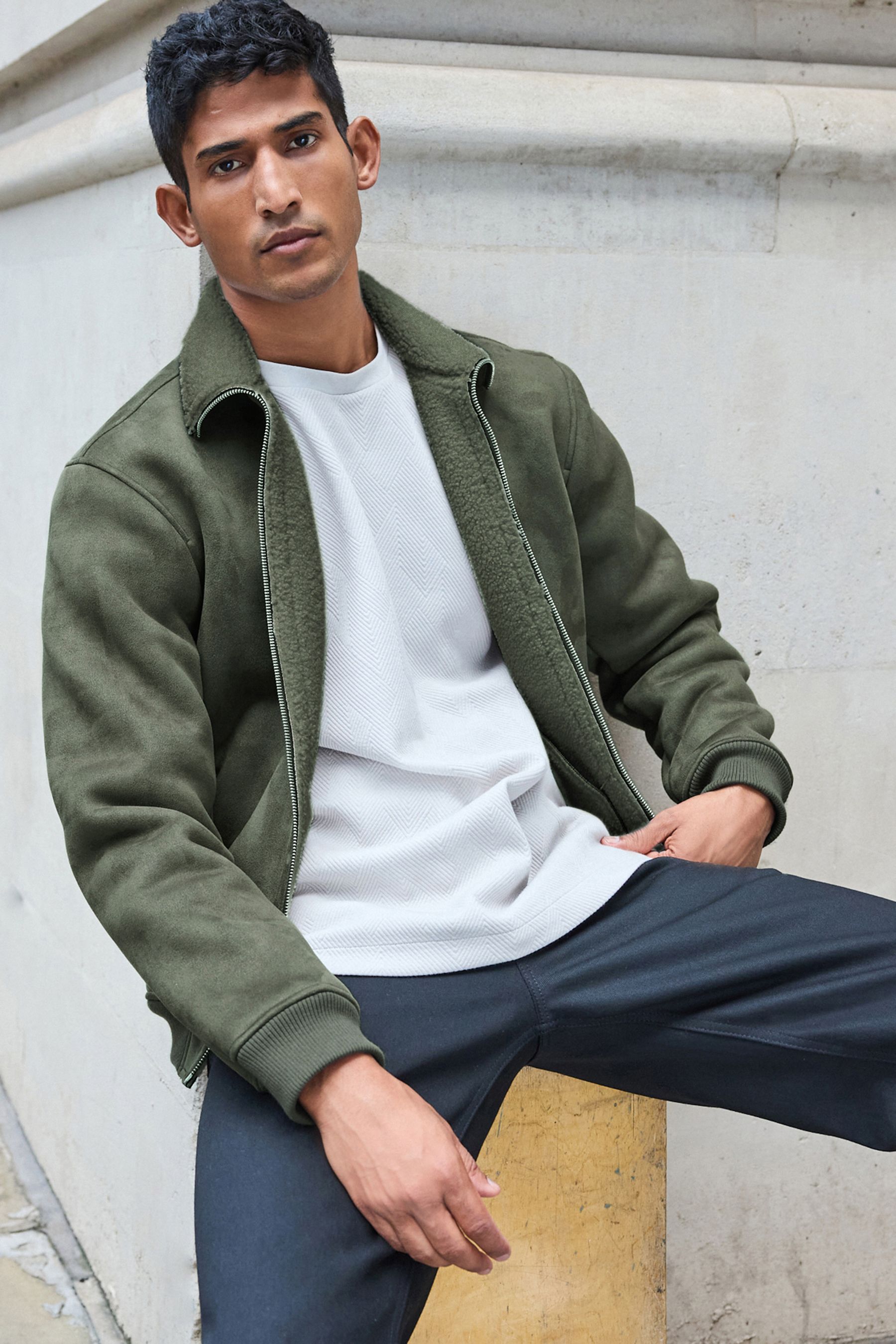 Green Faux Suede Borg Lined Zip Up Funnel Jacket