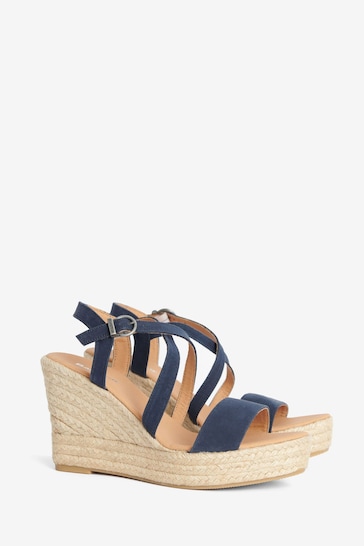 Barbour® Navy Lucia Leather Espadrille Wedge Sandals