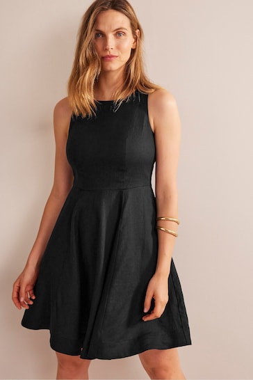 Boden Black Fit-and-Flare Linen Mini Dress