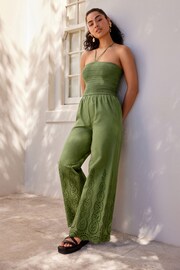 Khaki Green Shirred Bandeau Broderie Jumpsuit - Image 1 of 7