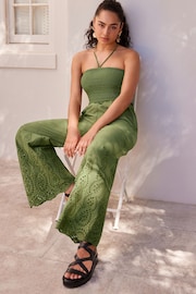 Khaki Green Shirred Bandeau Broderie Jumpsuit - Image 2 of 7