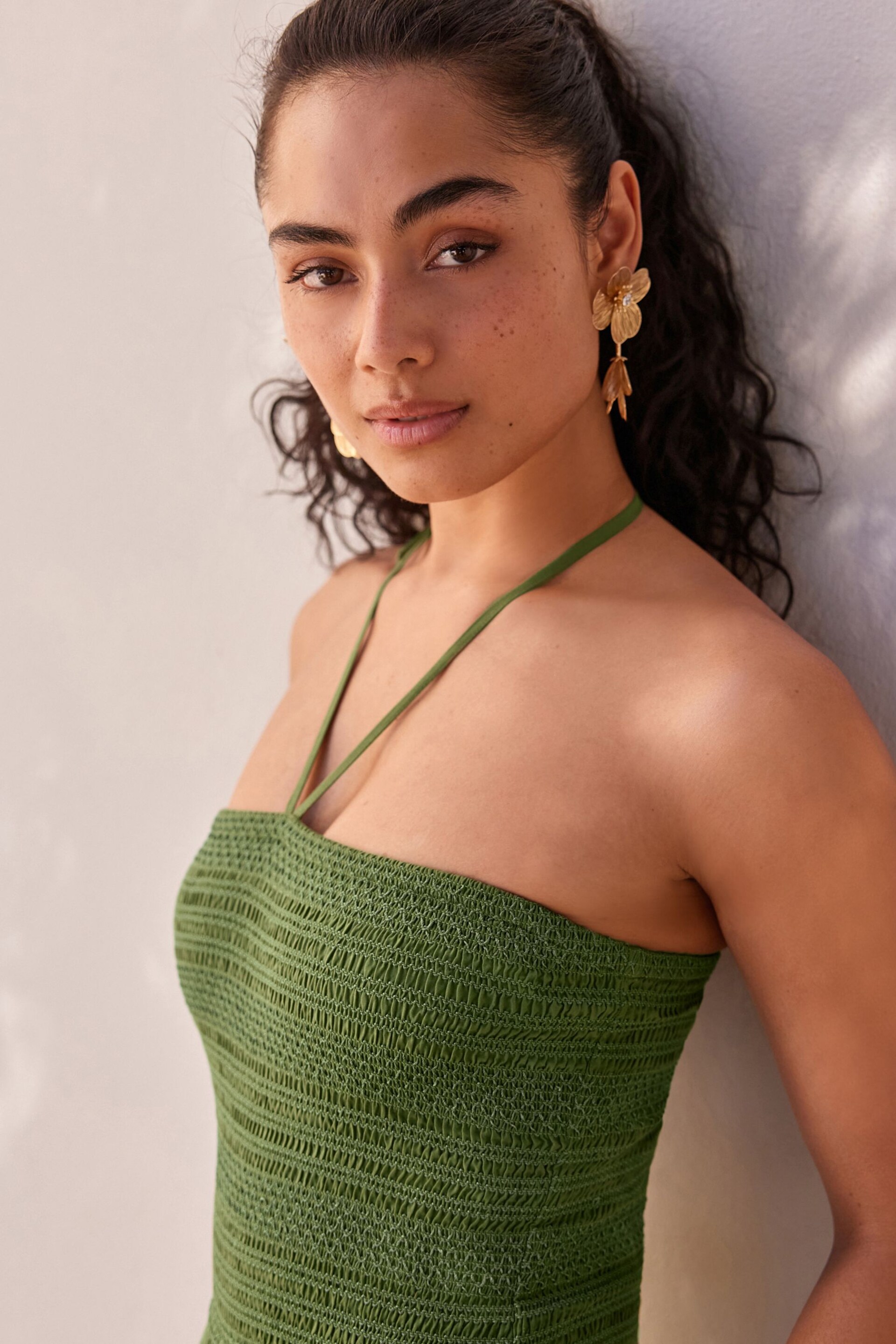 Khaki Green Shirred Bandeau Broderie Jumpsuit - Image 4 of 7