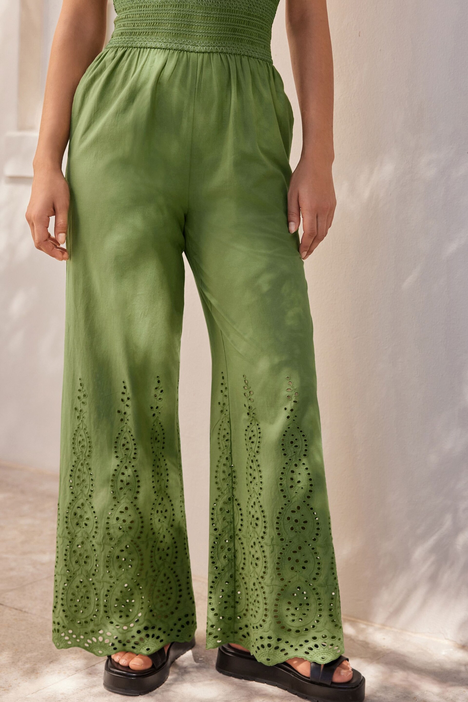 Khaki Green Shirred Bandeau Broderie Jumpsuit - Image 5 of 7