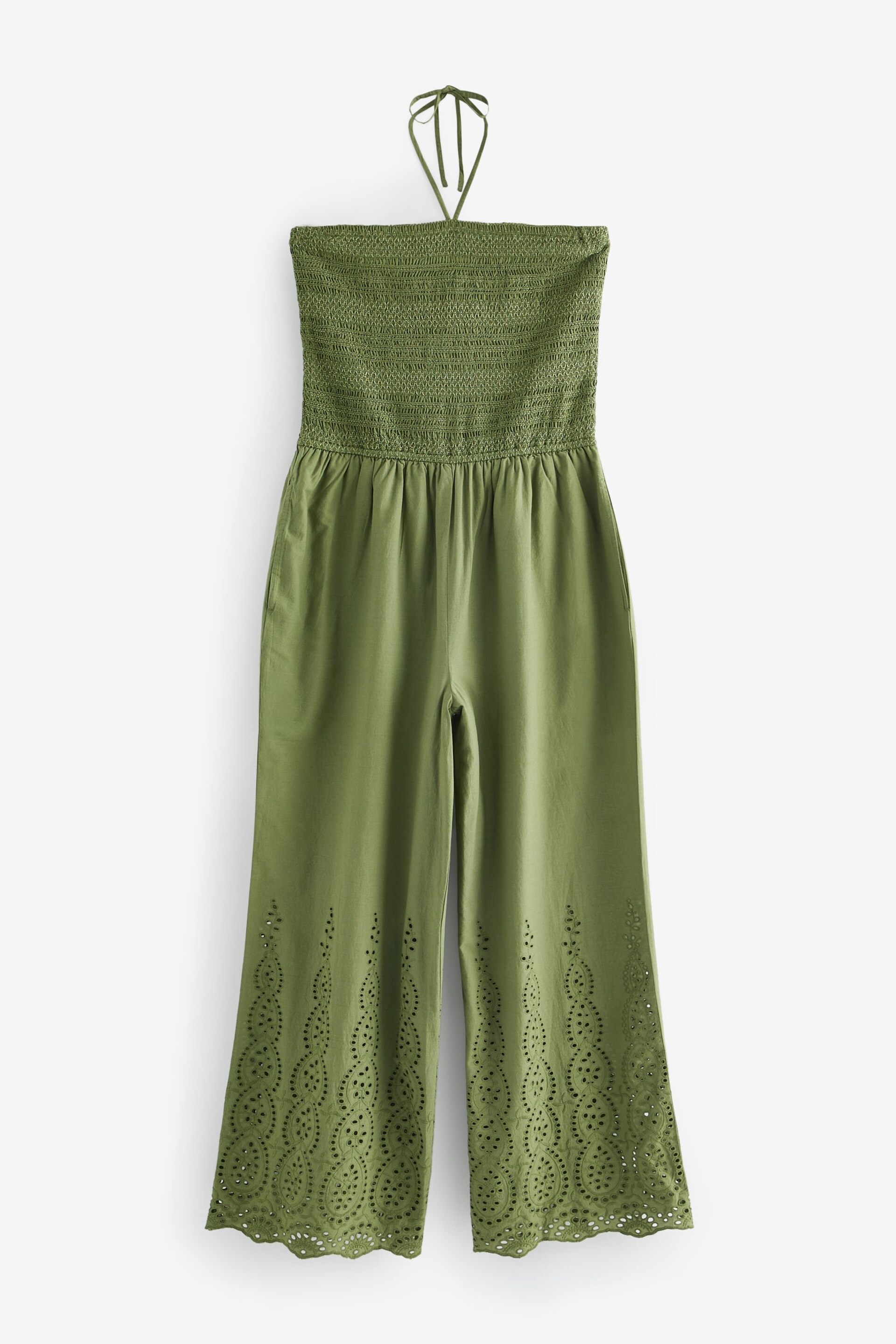 Khaki Green Shirred Bandeau Broderie Jumpsuit - Image 6 of 7