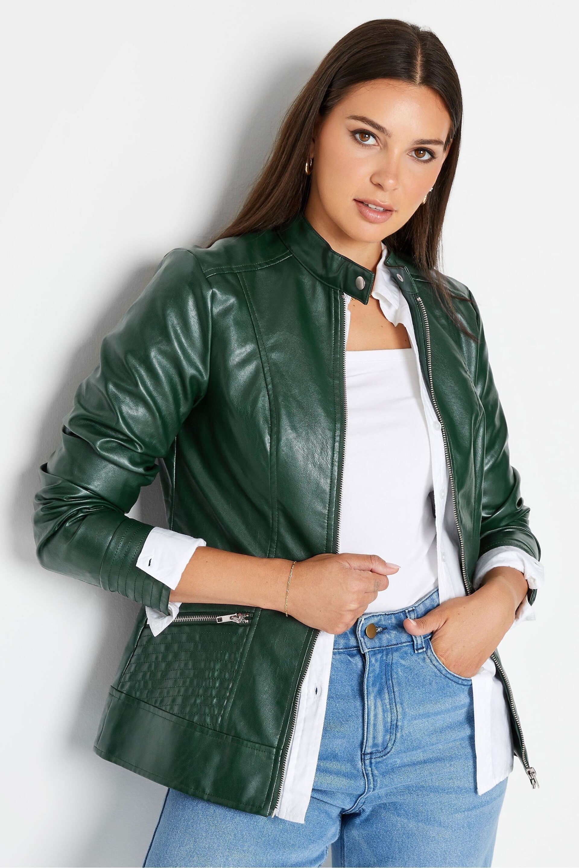 Long Tall Sally Green Faux Leather Funnel Neck Jacket - Image 1 of 5