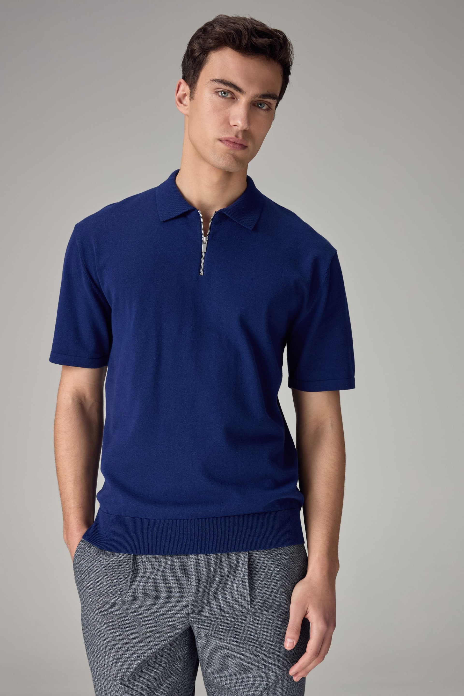 Cobalt Blue Knitted Regular Fit Zip Polo Shirt - Image 1 of 8