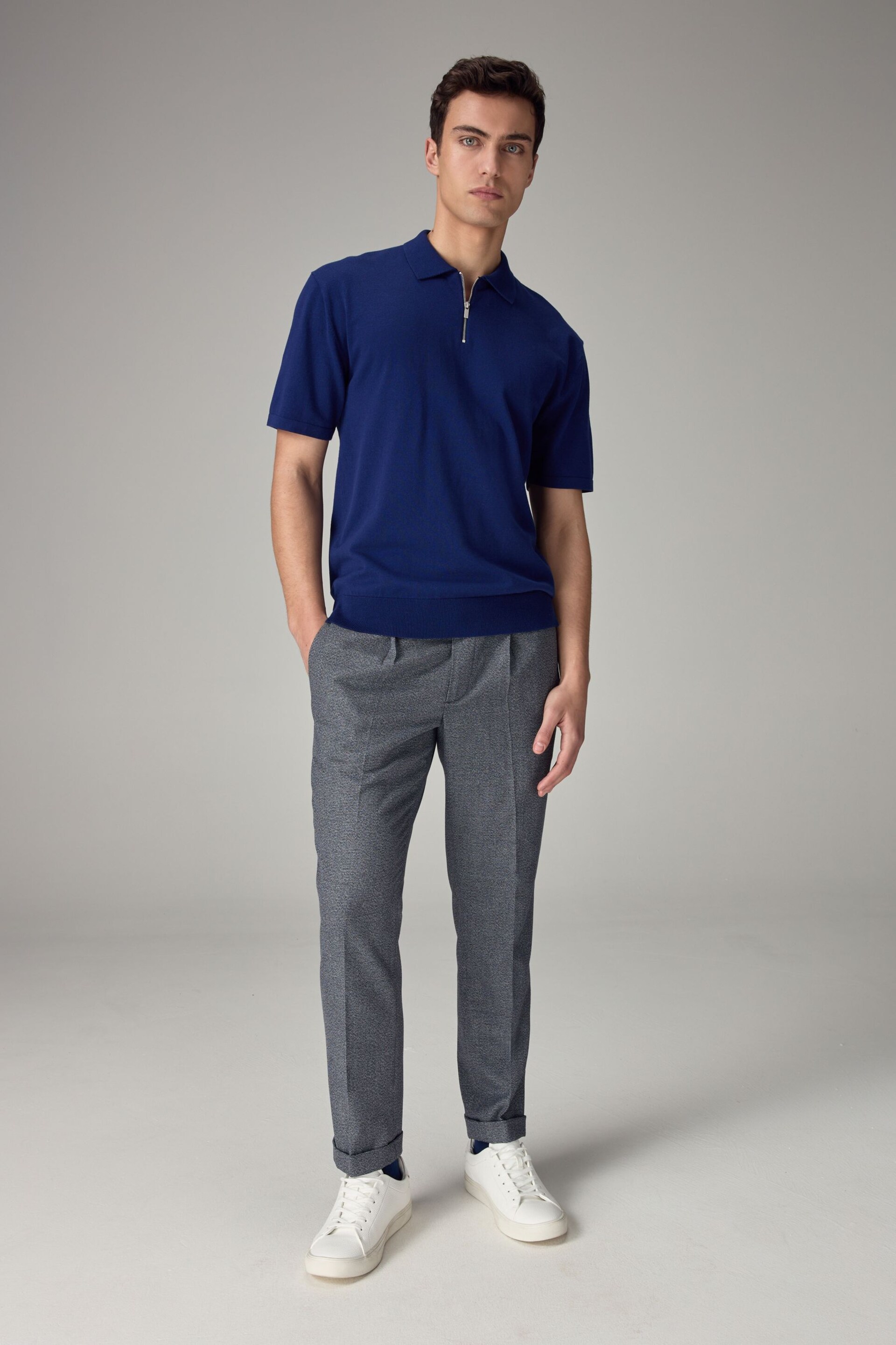 Cobalt Blue Knitted Regular Fit Zip Polo Shirt - Image 2 of 8