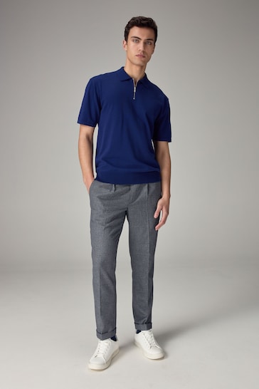 Cobalt Blue Knitted Regular Fit Zip Polo Shirt