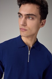 Cobalt Blue Knitted Regular Fit Zip Polo Shirt - Image 4 of 8