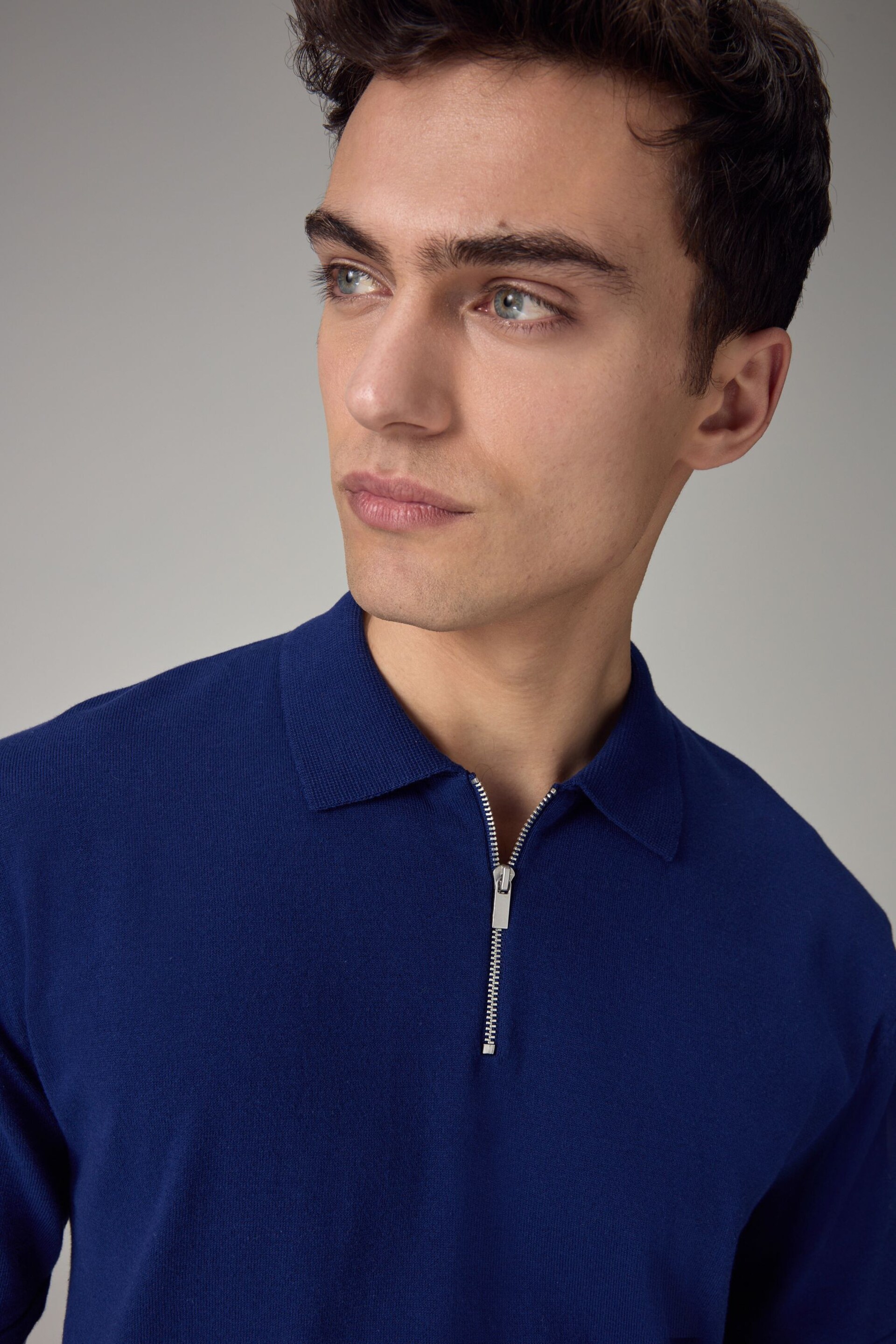 Cobalt Blue Knitted Regular Fit Zip Polo Shirt - Image 4 of 8