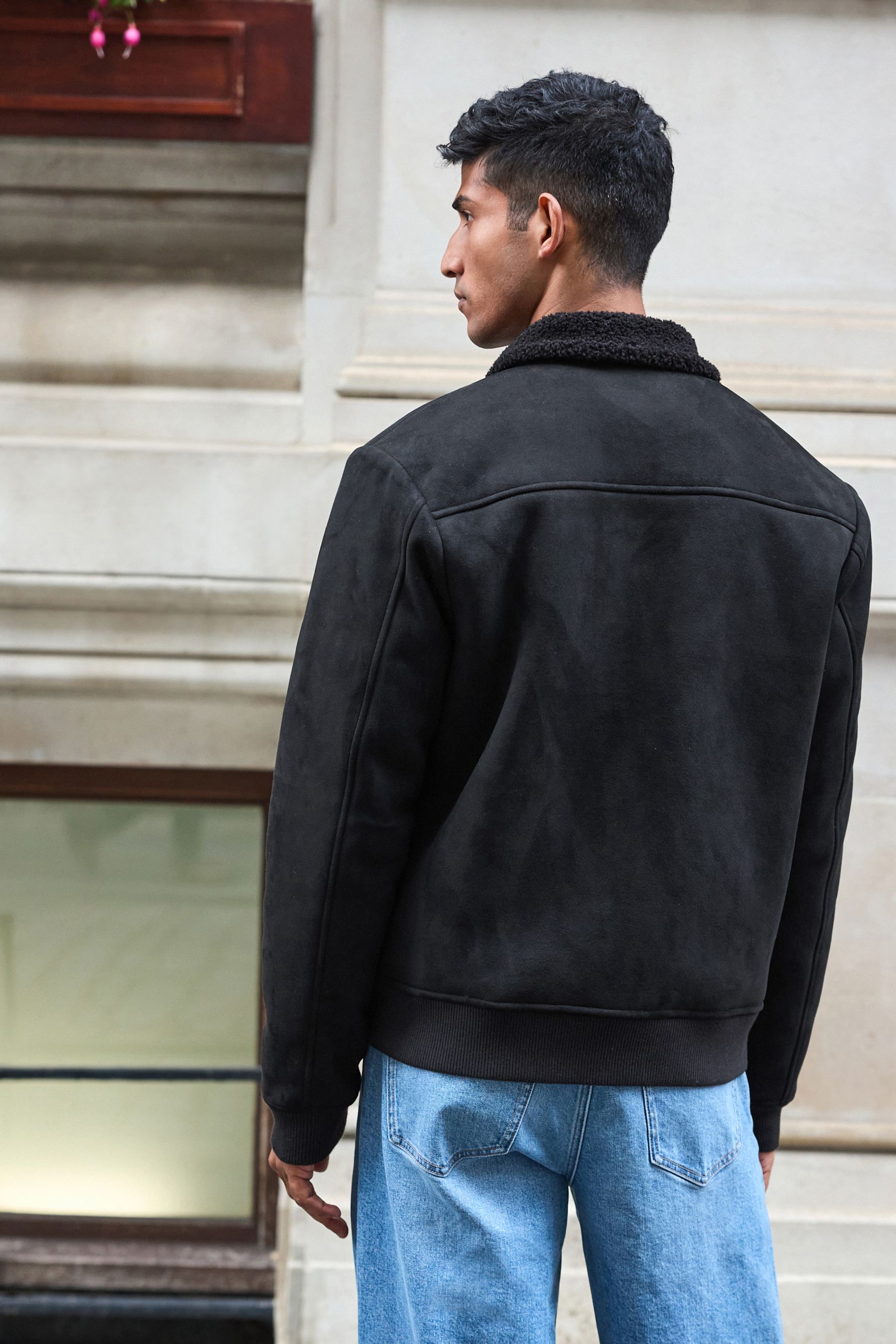 Black Faux Suede Borg Lined Zip Up Funnel Jacket