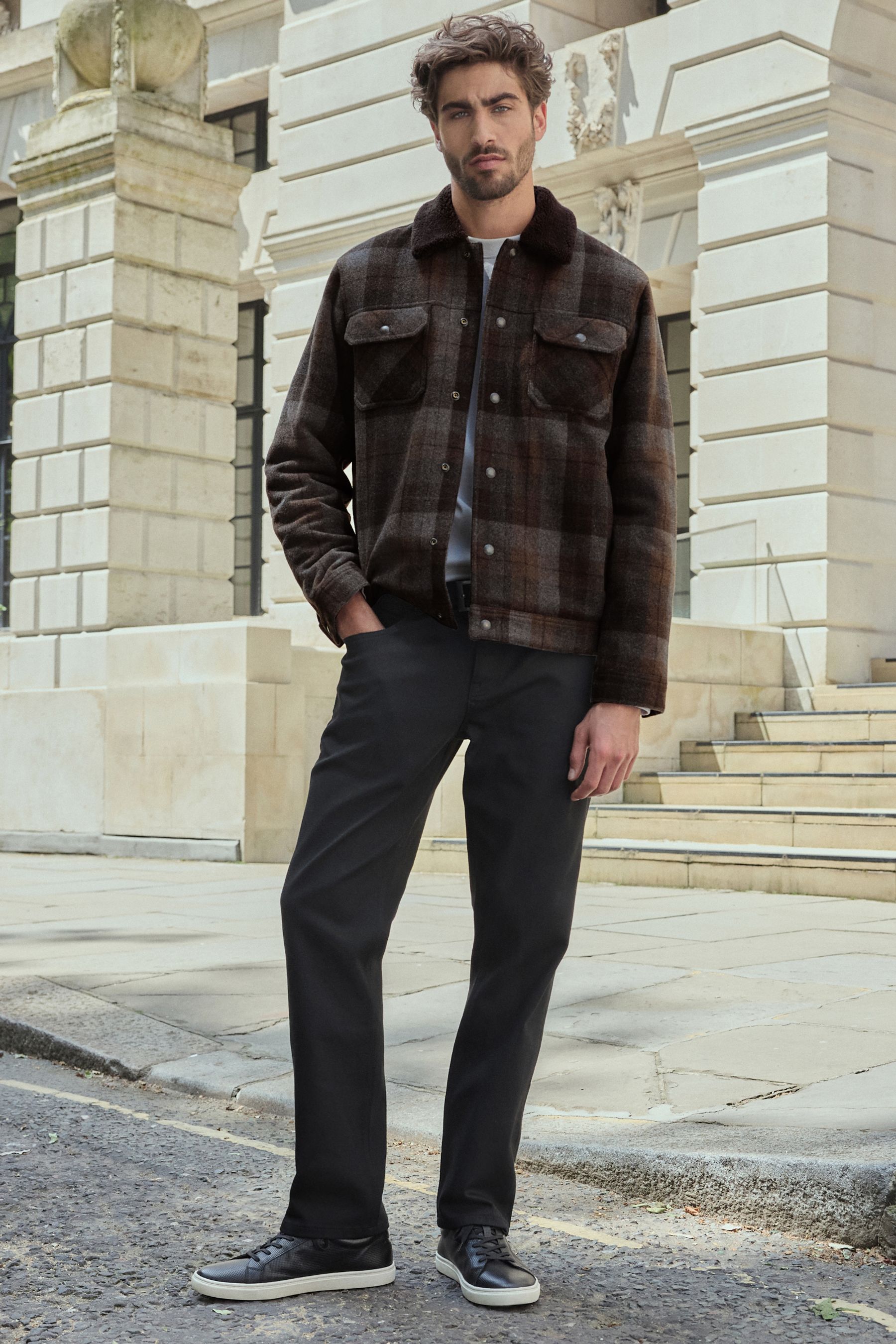 Buy Brown Wool Rich Checked Borg Collared Jacket from the Next UK online shop