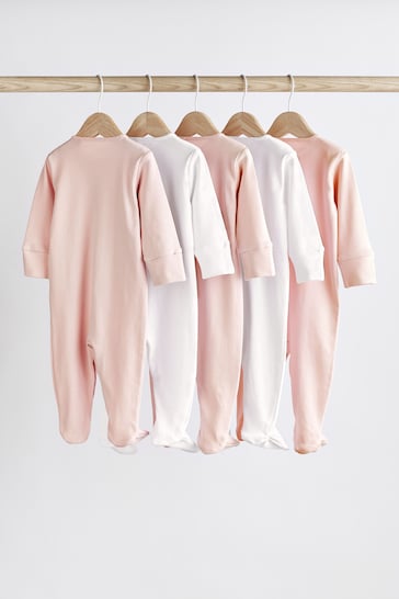 Pink/White 5 Pack Cotton Baby Sleepsuits (0-2yrs)
