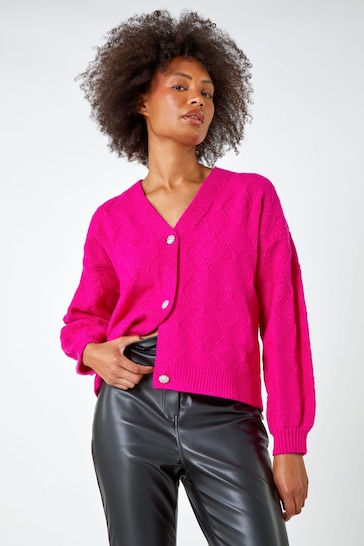 Dusk Pink Sparkle Button Cable Knit Cardigan