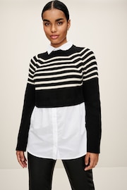 Black and White Stripe Cropped Jumper Layer Shirt - Image 1 of 6
