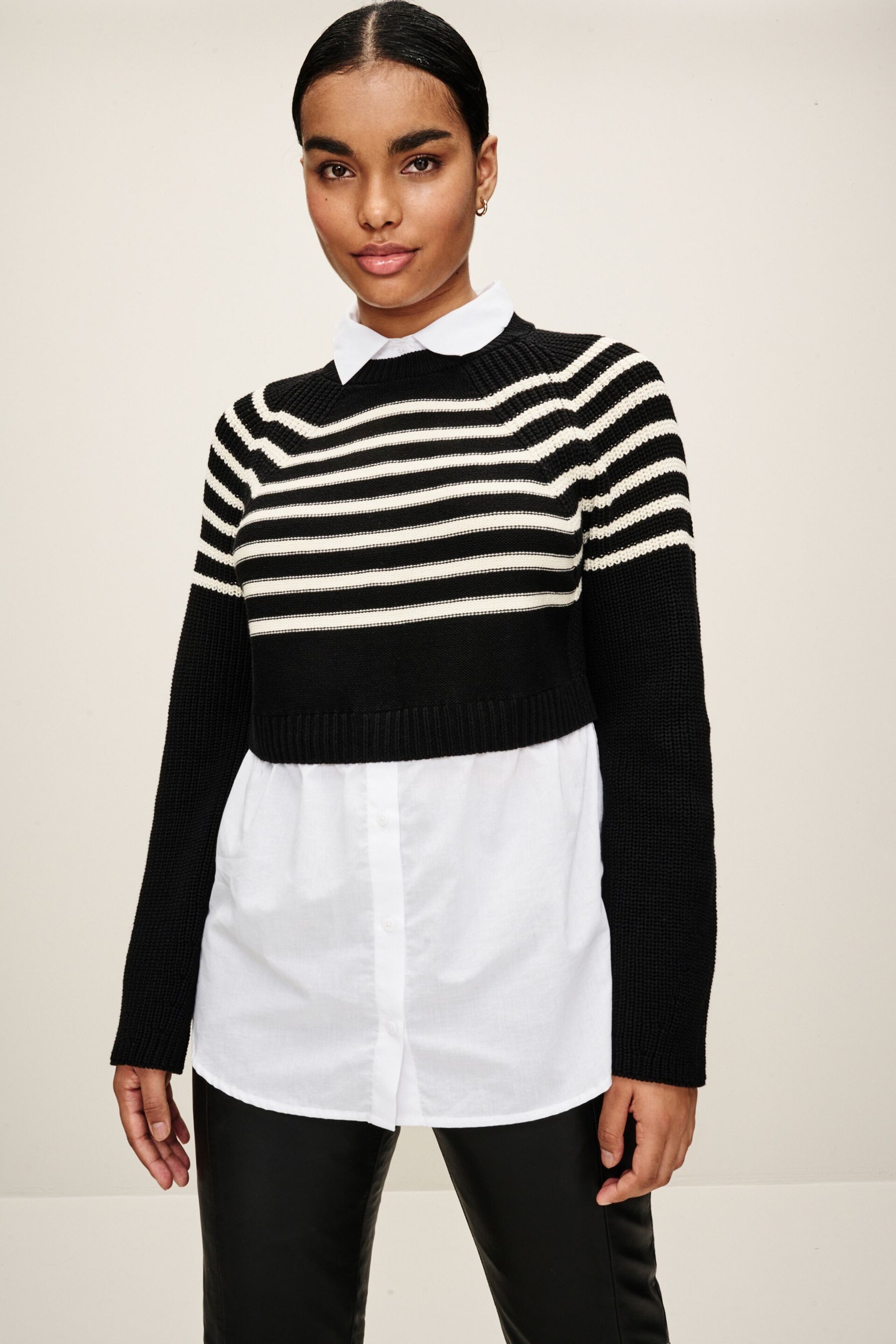 Black and White Stripe Cropped Jumper Layer Shirt - Image 1 of 6