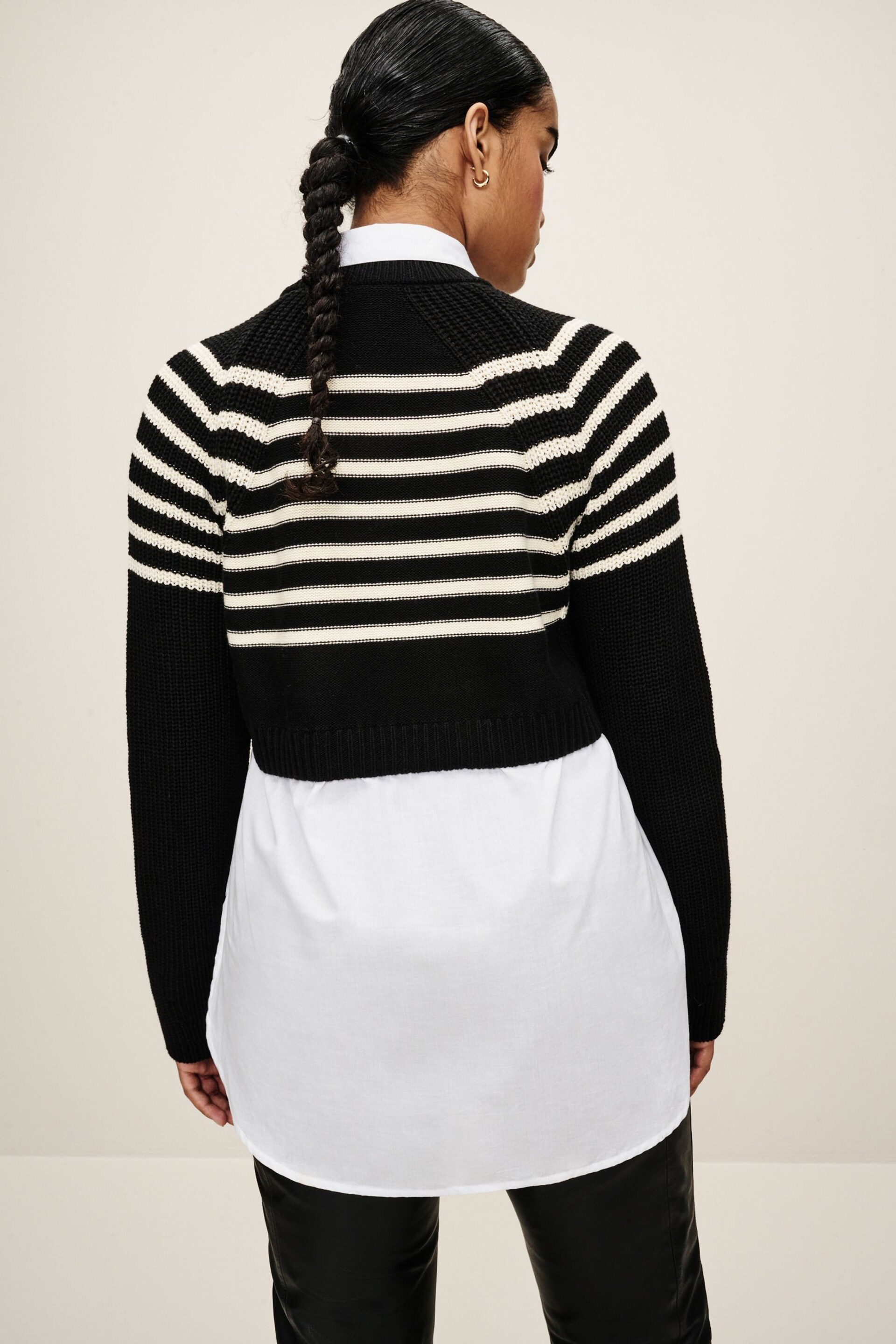 Black and White Stripe Cropped Jumper Layer Shirt - Image 3 of 6