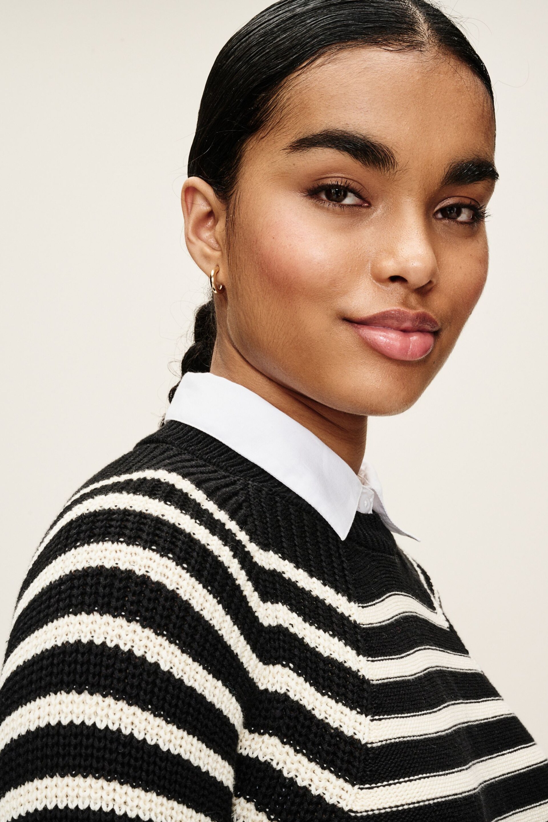 Black and White Stripe Cropped Jumper Layer Shirt - Image 4 of 6