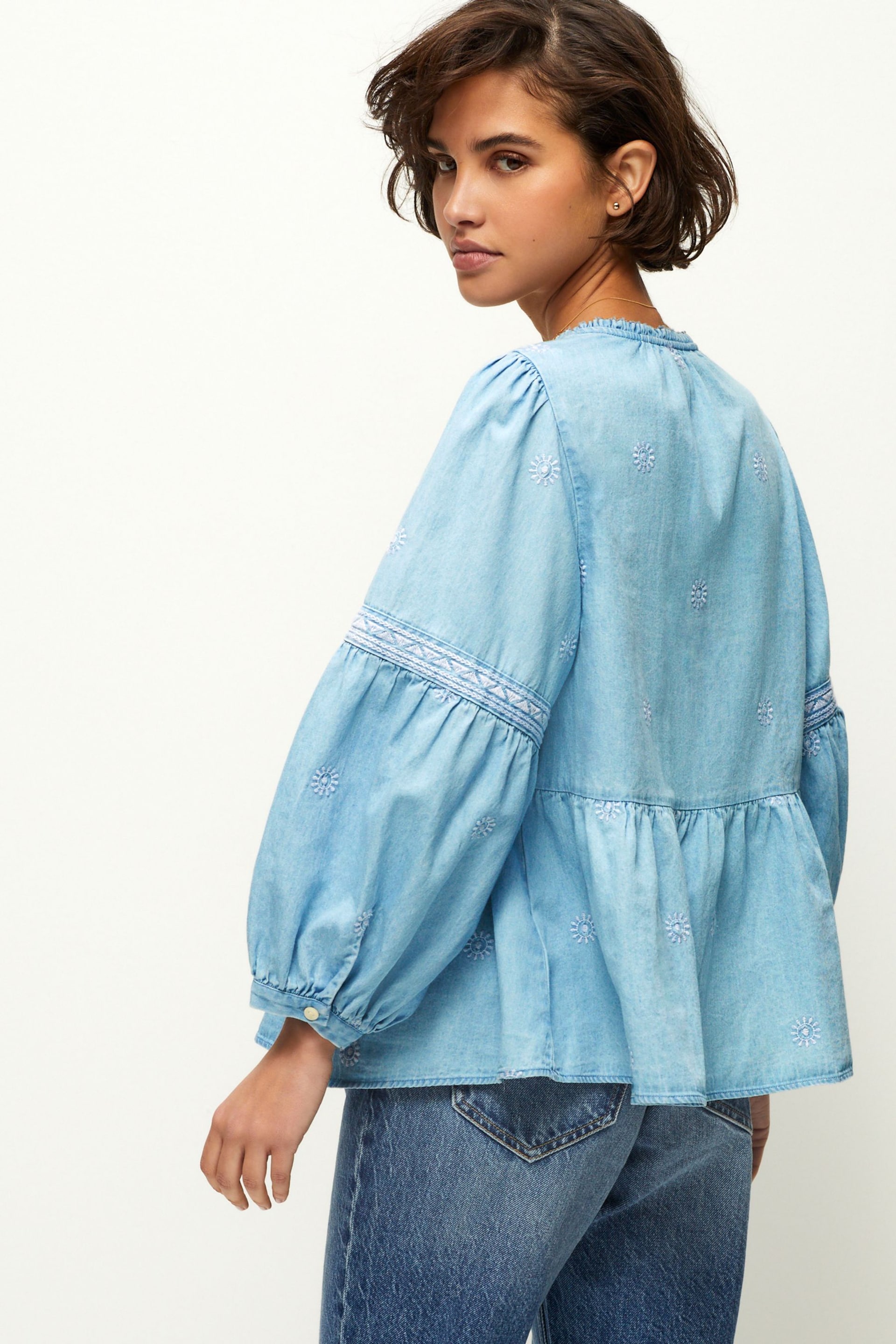 Blue Embroidered Tie Neck Blouse - Image 3 of 6