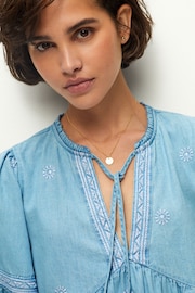 Blue Embroidered Tie Neck Blouse - Image 4 of 6