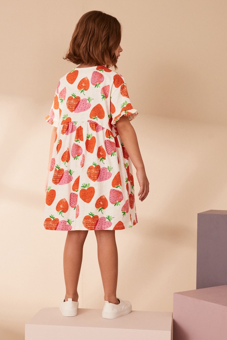Cream Strawberry Print Short Sleeve 100% Cotton Jersey Dress (3-16yrs) - Image 3 of 6