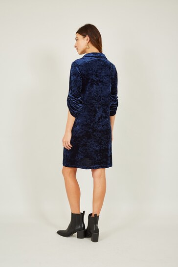Yumi Blue Velvet Tunic Dress With 3/4 Sleeves