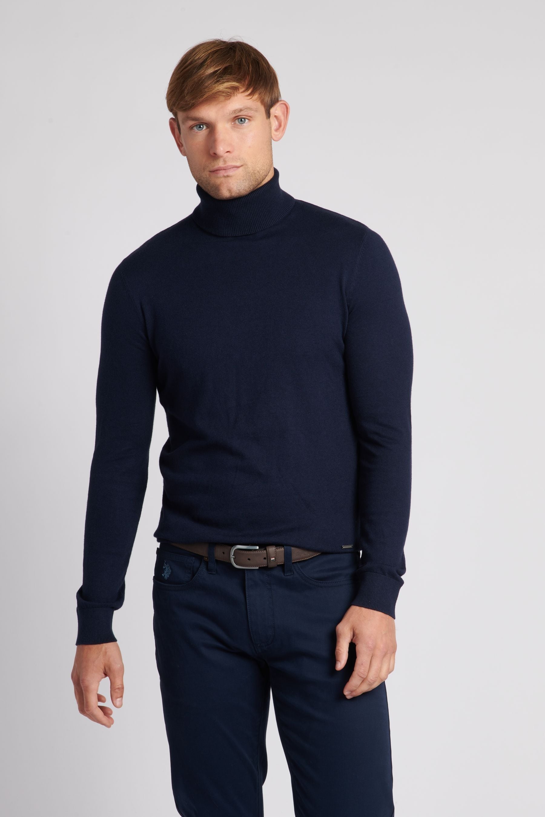 Blue polo neck jumper shop