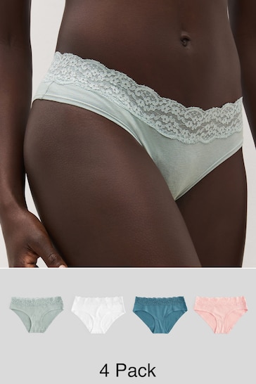 White/Pink/Green Short Cotton and Lace Knickers 4 Pack