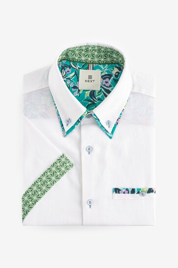 White Double Collar Regular Fit Trimmed Linen Blend Short Sleeve Shirt