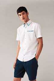 White Double Collar Regular Fit Trimmed Linen Blend Short Sleeve Shirt - Image 1 of 7