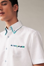 White Double Collar Regular Fit Trimmed Linen Blend Short Sleeve Shirt - Image 3 of 7