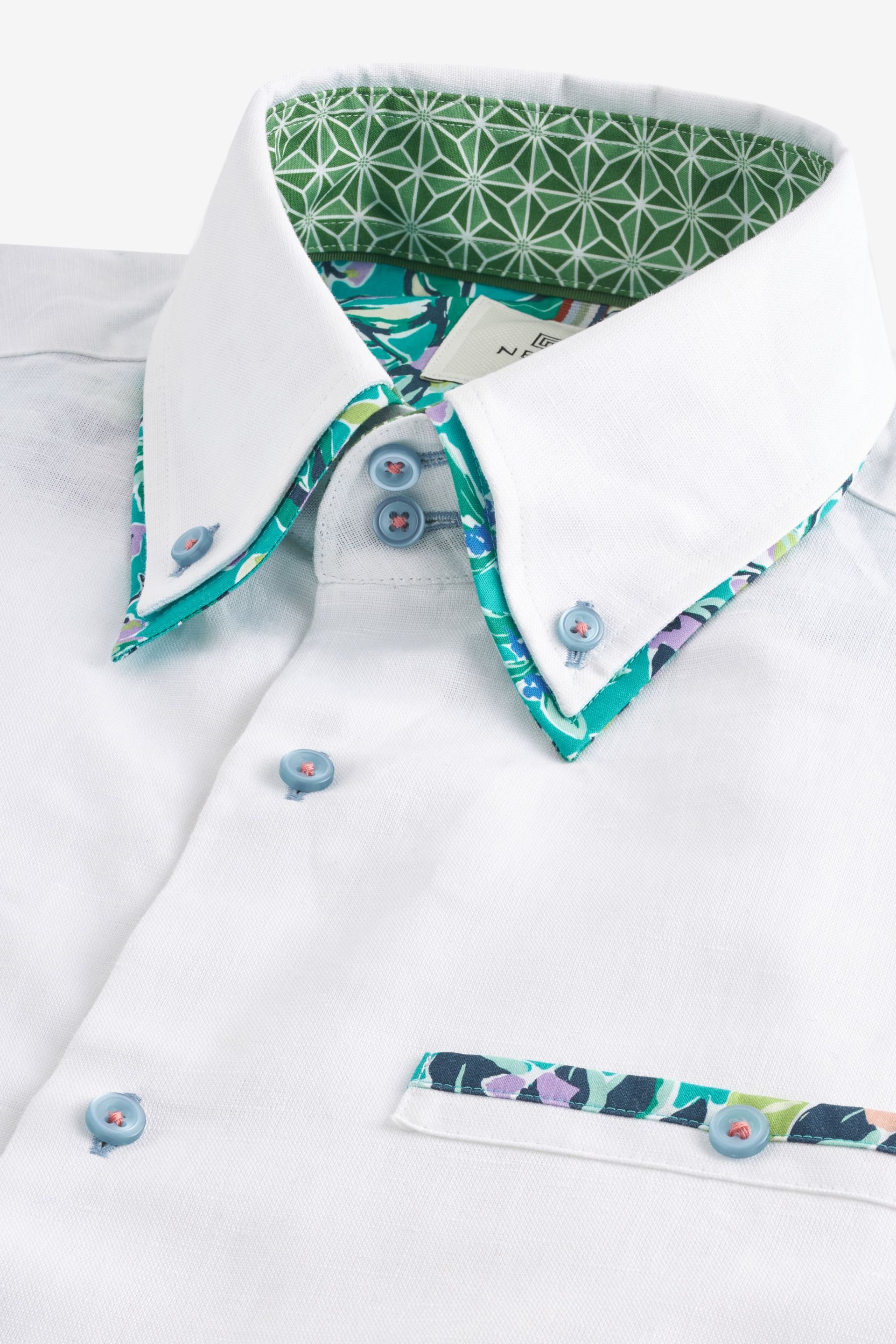 White Double Collar Regular Fit Trimmed Linen Blend Short Sleeve Shirt - Image 6 of 7