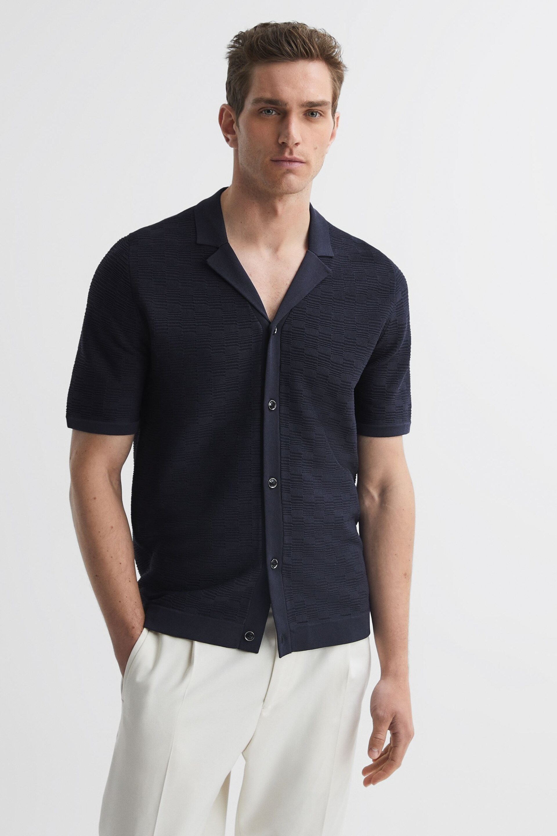 Reiss Navy Lunar Textured Cuban Collar Button-Through Shirt - Image 1 of 5