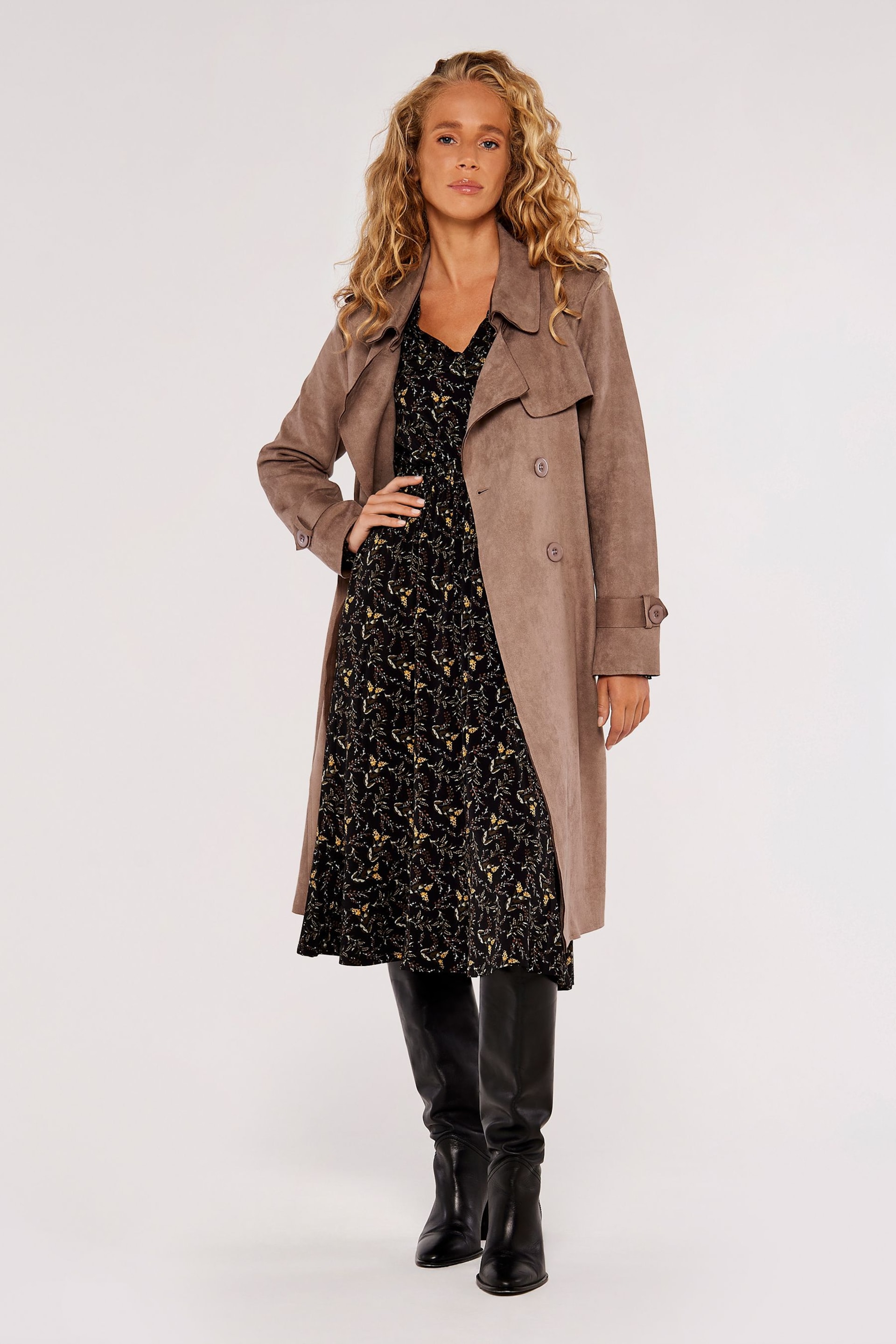 Apricot Brown Faux Suede Double Breasted Trench Coat - Image 1 of 4