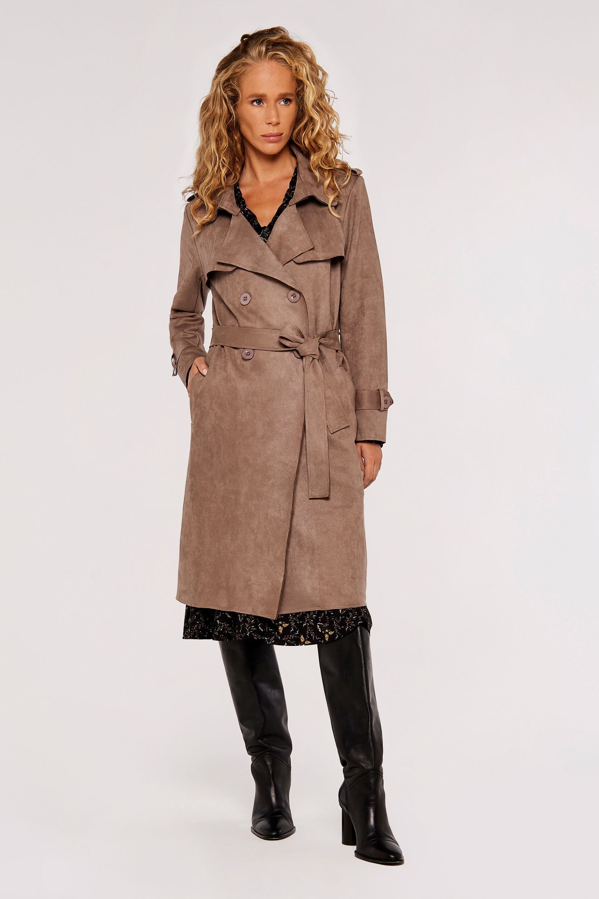 Apricot Brown Faux Suede Double Breasted Trench Coat - Image 2 of 4