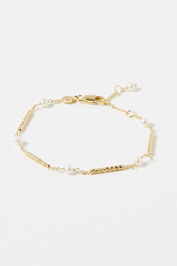 Oliver Bonas Gaia Bar & Pearl Section Y Drop Gold Plated White Bracelet
