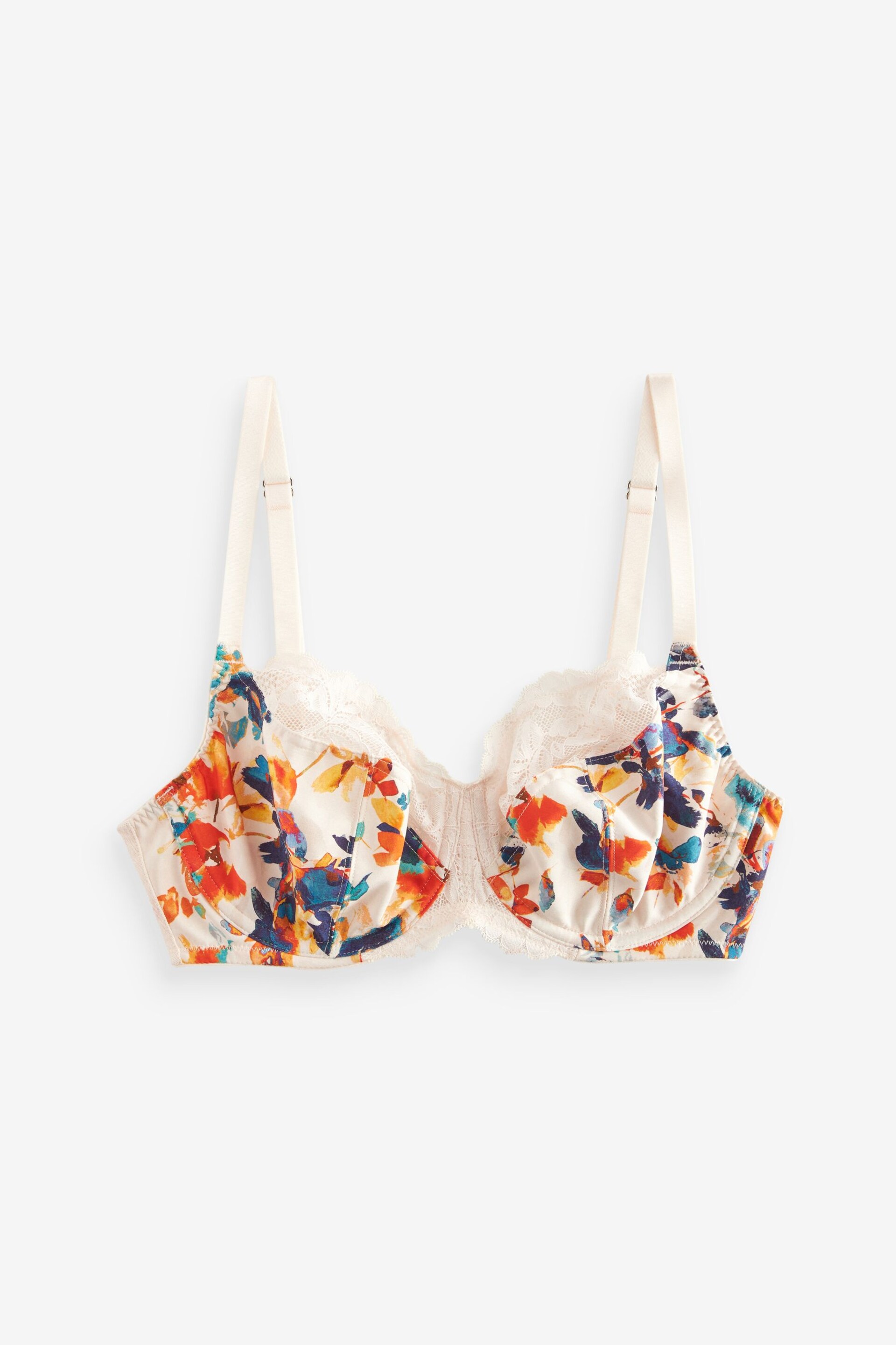 White/Orange Floral Print DD+ Non Pad Full Cup DD+ Non Pad Wired Full Cup Microfibre and Lace Bra - Image 6 of 7