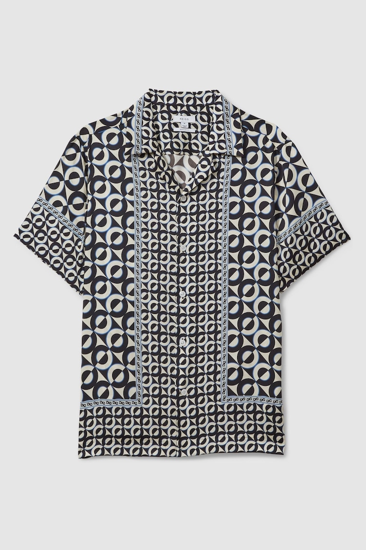 Reiss Lapis Blue Prentice Geometric Print Cuban Collar Shirt - Image 2 of 6