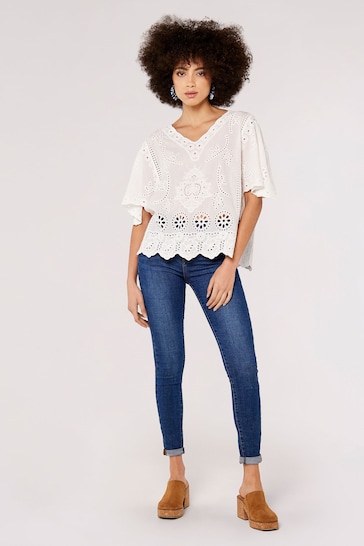 Apricot White Embroidered Cotton Top