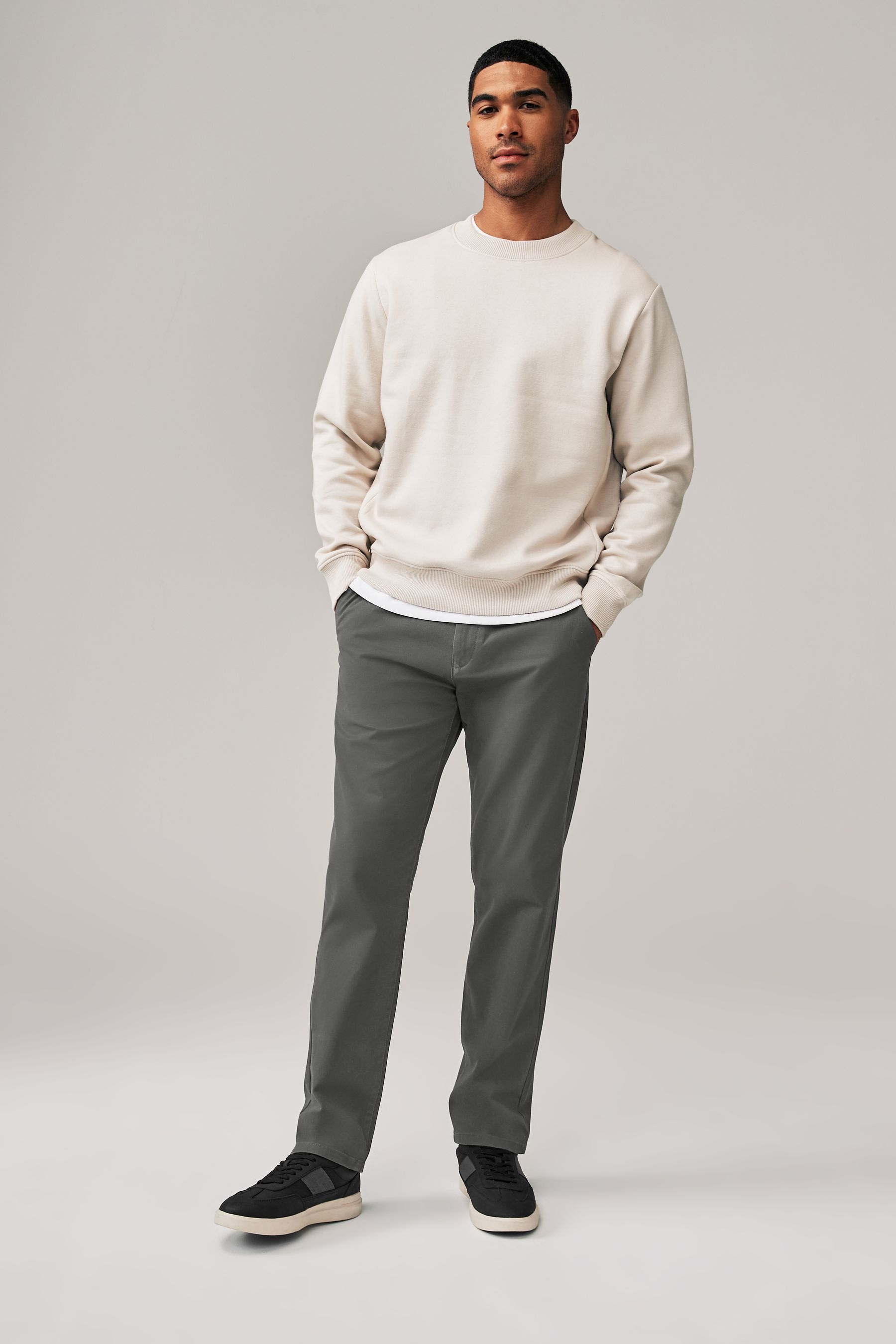 Dark Grey Straight Stretch Chino Trousers