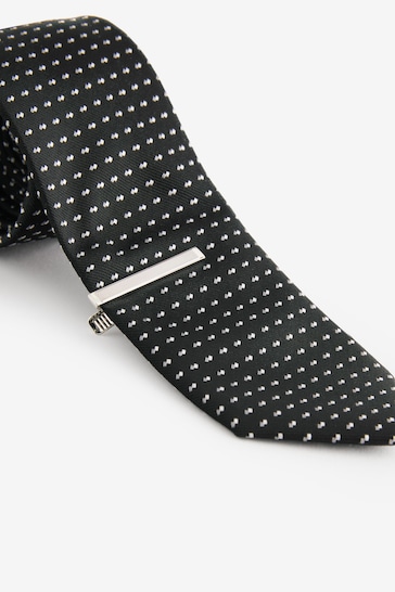 Black/Silver Slim Pattern Tie And Tie Clip