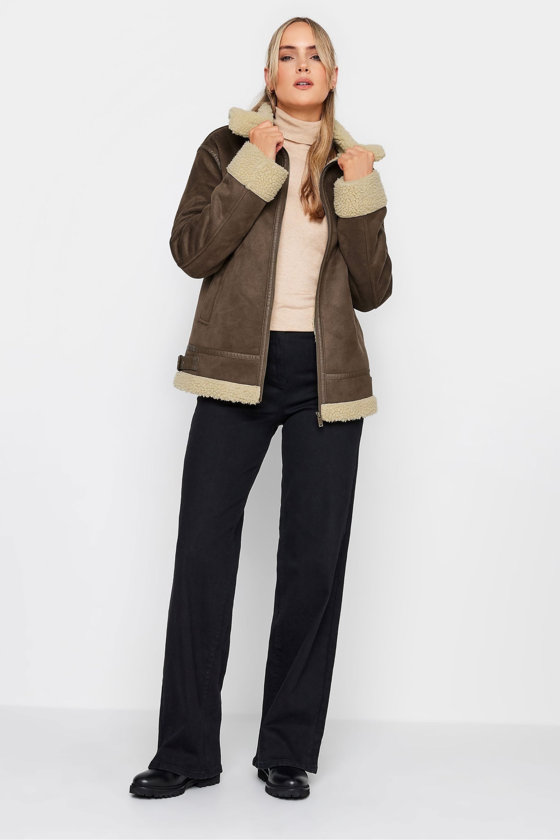 Long Tall Sally Brown Zip Through Borg Jacket - Image 3 of 4