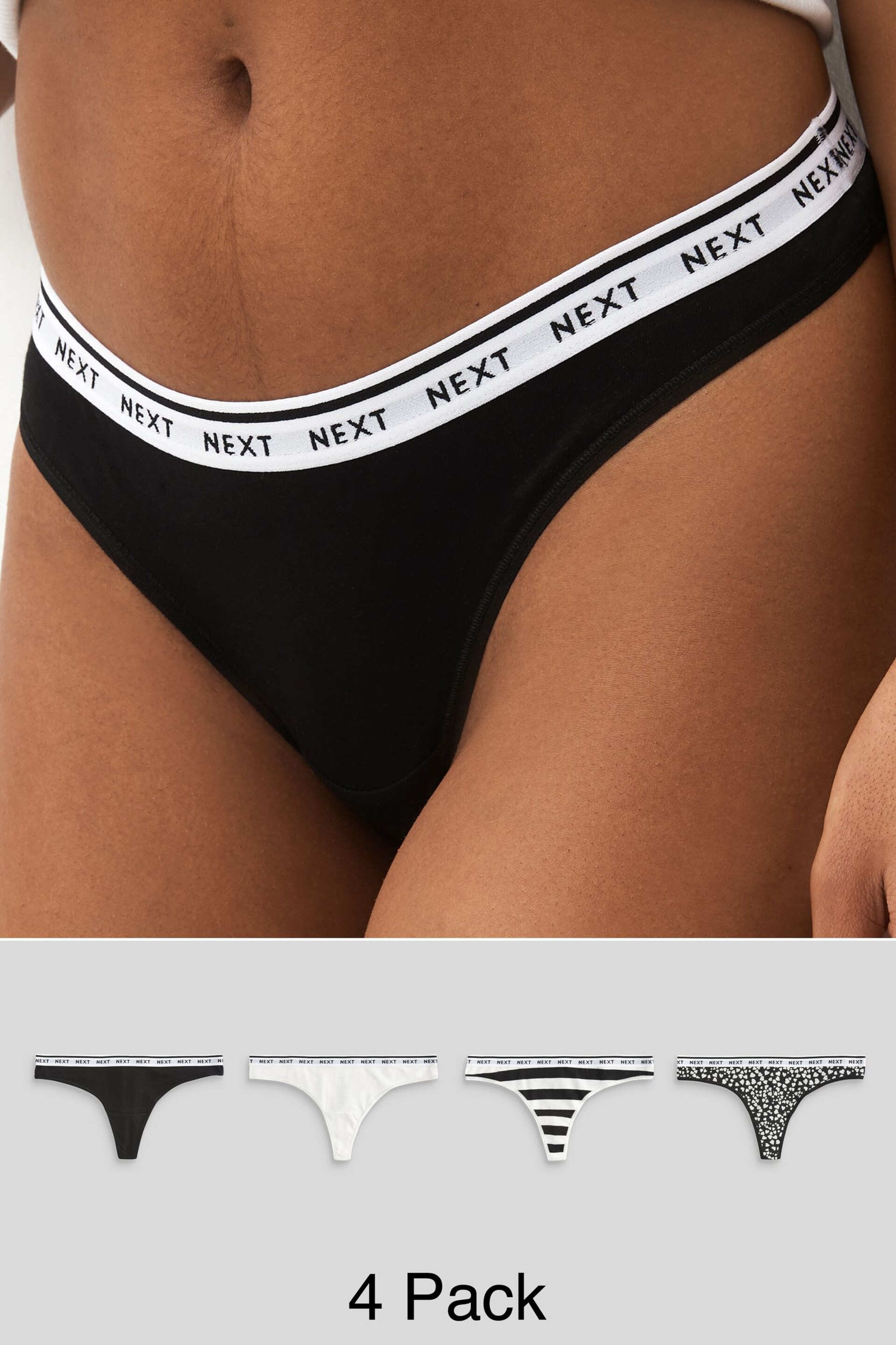 White/Black Printed Thong Cotton Rich Logo Knickers 4 Pack - Image 1 of 10