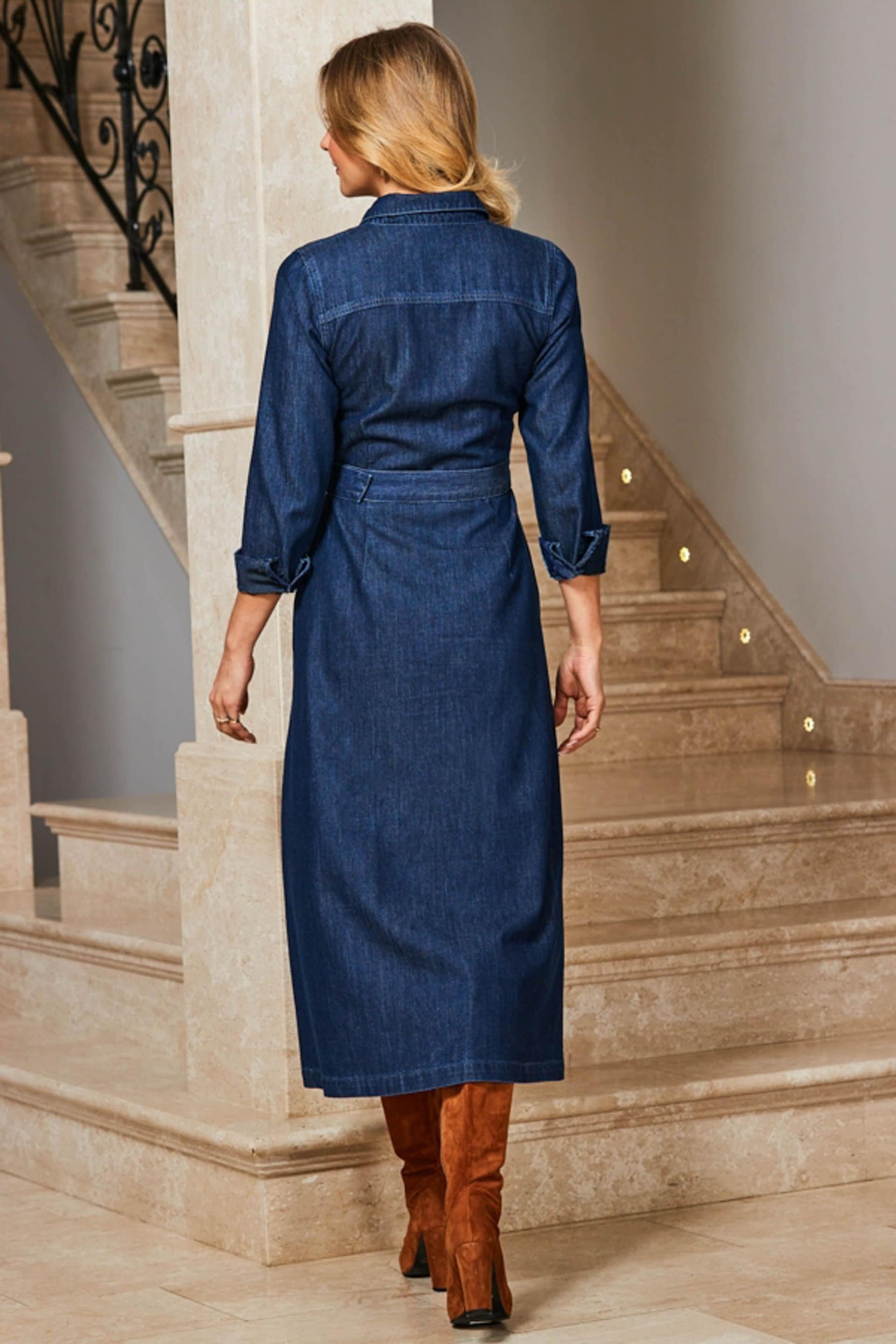 Sosandar Blue Smart Denim Fit N Flare Midaxi Dress - Image 2 of 5