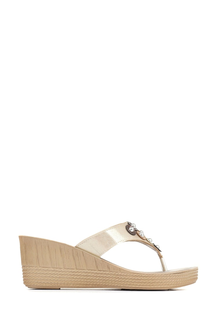 Pavers Gold Pavers Toe Post Wedge Black Sandals - Image 1 of 5